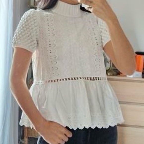 Sea Eyelet White Blouse With Bobble Knit Short Sleeves S